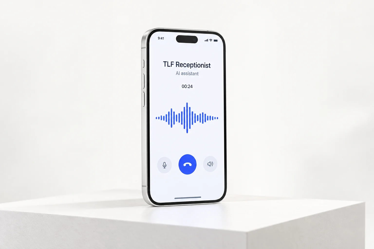 A silver phone displaying an active call with TLF Receptionist, an AI assistant
