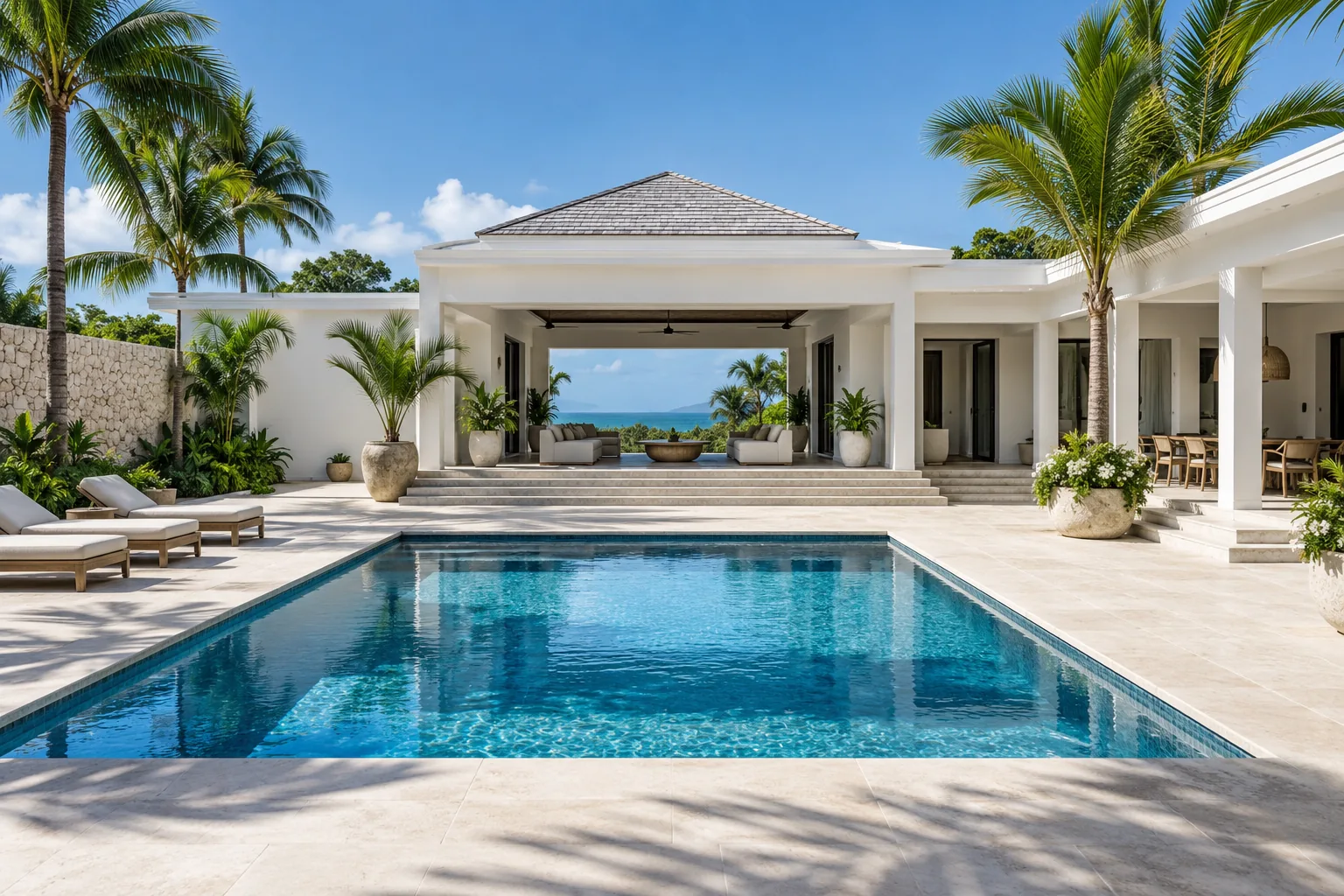 White tropical villa and blue pool in a hospitality website concept